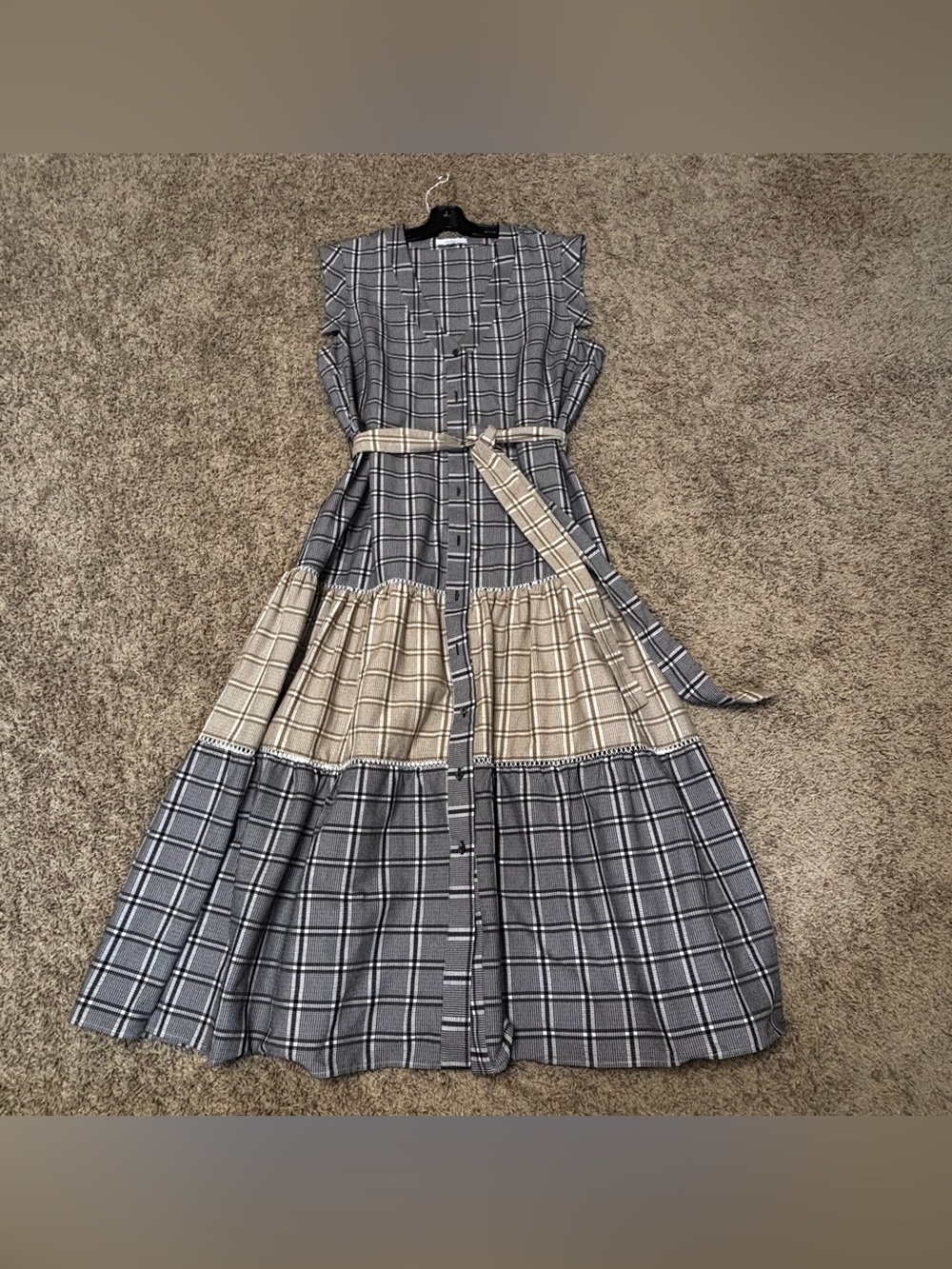 PEARL Plaid Tiered Button-Front Maxi Dress w/Tie Belt - Blue & Tan womens XL EUC